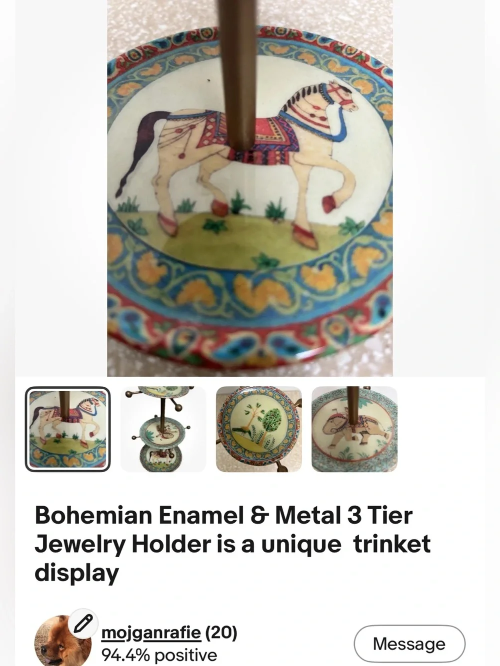 Bohemian Enamel 3-Tier Jewelry Stand with Horse Motif